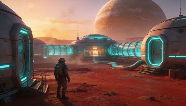 Astronaut approaching futuristic mars outpost at sunrise with glowing transit tubes