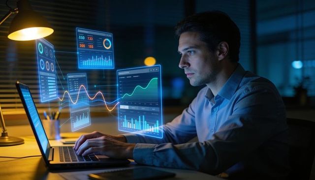 Nighttime data analyst working on laptop with holographic dashboards and growth charts