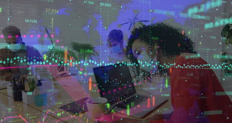 Masked Business Team Analyzing Digital Financial Data Projections