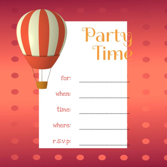 Ideal for birthday parties and themed events, this hot air balloon party invitation template features a festive dotted background perfect for kids' celebrations. Customize with specific event details like date, time, venue, and RSVP info. Great for personal and professional event planners looking for a playful and creative invitation design.