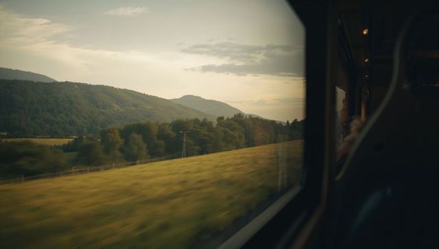 Evening train ride through scenic countryside landscapes