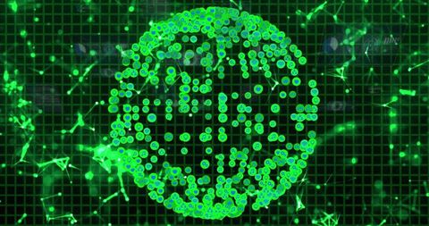 Neon green digital globe forming from connected nodes and holographic data streams