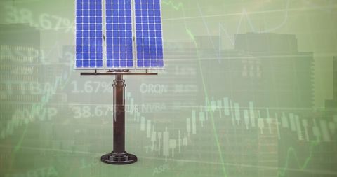 Solar Investments: Solar Panel Over Financial Data Cityscape