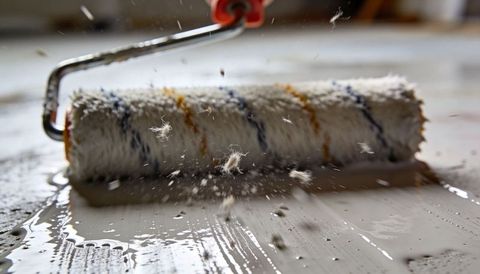 Rolling paint roller applying glossy white paint while shedding lint on wet surface