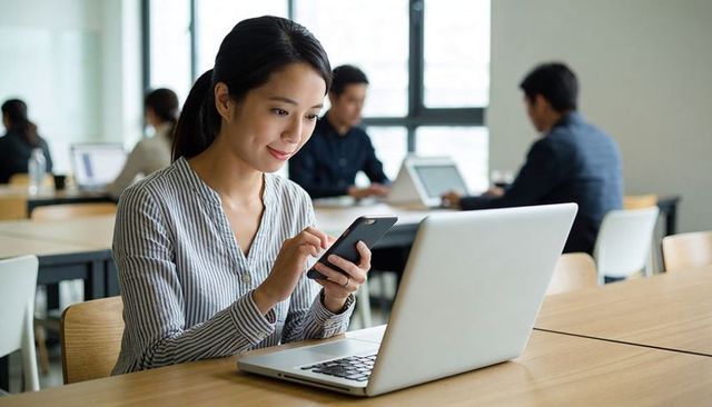 Professional multitasking with smartphone and laptop in modern coworking space