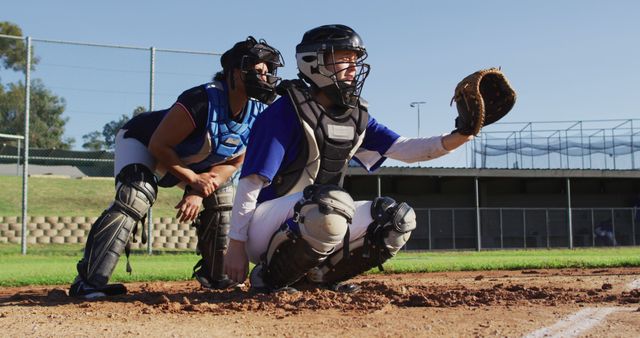 Youth baseball catchers wearing protective gear crouching in ready positions on a sunny day. Both players are focused and prepared to catch the incoming pitch. Great for websites, articles, and advertisements related to youth sports, teamwork, athletic training, summer activities, and baseball equipment.