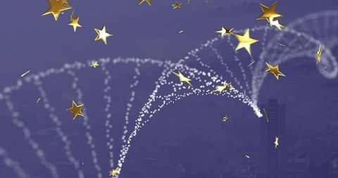Golden stars trailing dna-like light streams over urban night skyline