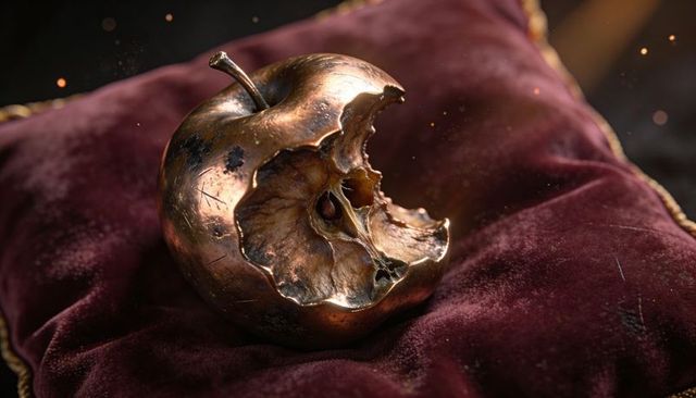 Bronze apple featuring bitten skull core on burgundy velvet cushion with gold piping