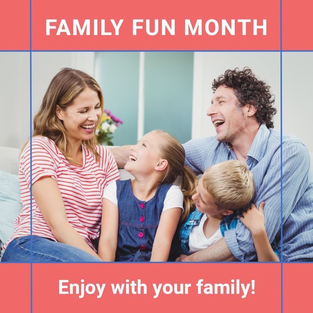 A cheerful family enjoying quality time together at home. The parents and children are smiling and laughing, showcasing a happy family moment. This image can be used for promotional materials related to family activities, parenting, and lifestyle. It illustrates the concept of togetherness and fun, making it suitable for campaigns about Family Fun Month, family vacations, and happiness at home.