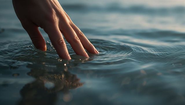 Hand Skimming Water Surface at Sunrise Creating Circular Ripples and Sparkling Droplets