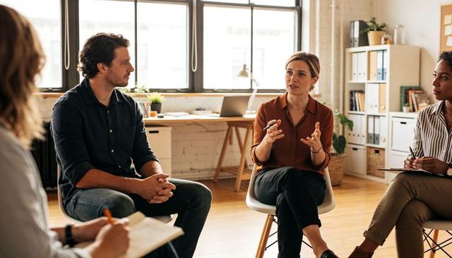 Woman leading collaborative discussion, speaking and gesturing in modern office meeting