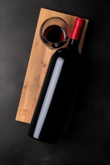 Wine bottle and glass with red wine on black background, created using generative ai technology. Wine week, drink, alcohol and wine tasting awareness concept digitally generated image.