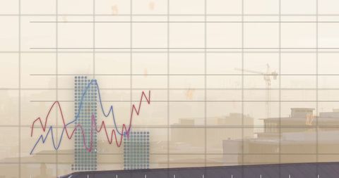 Financial Data Processing Overlay on Cityscape with Graphs