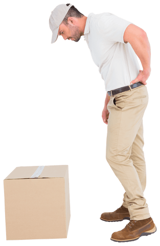 Delivery Male Worker Experiencing Back Pain with Box on Transparent Background - Download Free Stock Videos Pikwizard.com