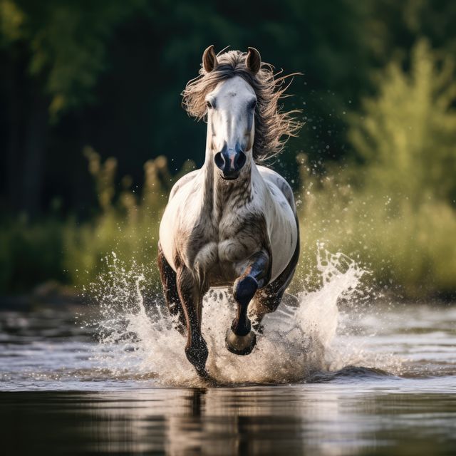 White horse galloping in water on sunny day, created using generative ai technology. Horse, animal, nature, freedom and movement concept digitally generated image.