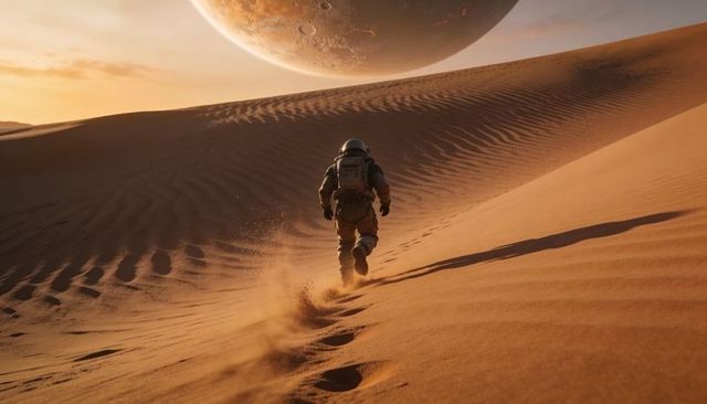 Astronaut trekking across golden dunes leaving footprints beneath looming cratered planet
