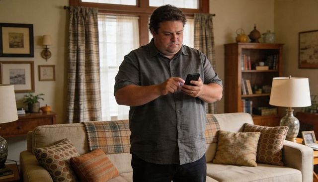 Middle-aged man using smartphone standing in cozy living room with plaid sofa