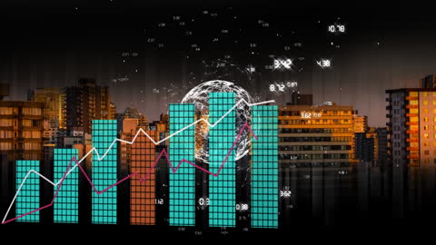 Digital Globe and City Skyline with Financial Data Visuals