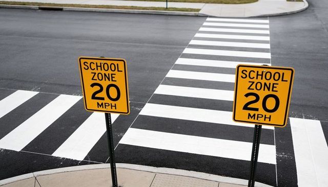 Yellow school zone 20 mph signs flanking zebra crosswalk at curb ramp promoting safety