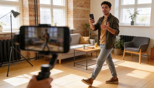 Young man vlogging while walking in bright loft living room with smartphone gimbal