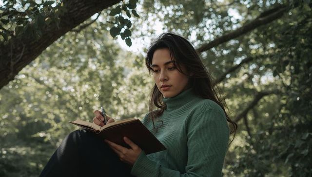 Young woman writing in journal while sitting on tree branch in peaceful sunlit forest