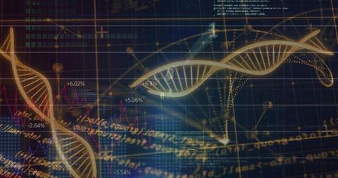 Glowing golden dna helix with streaming data graphs and futuristic genomics network visualization