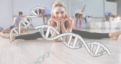 Smiling dancer stretching full split with dna helix overlay blending fitness and genetics