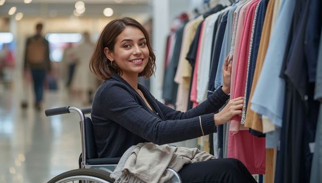 Woman in Wheelchair Shopping with Collection in Stylish Store