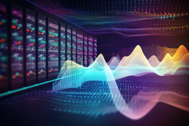 Depicts an abstract representation of data visualization in a server room with colorful lines and waves. Ideal for use in technology advertisements, data analysis presentations, IT consultancy visuals, machine learning projects, and modern web graphics focusing on digital data and connectivity concepts.