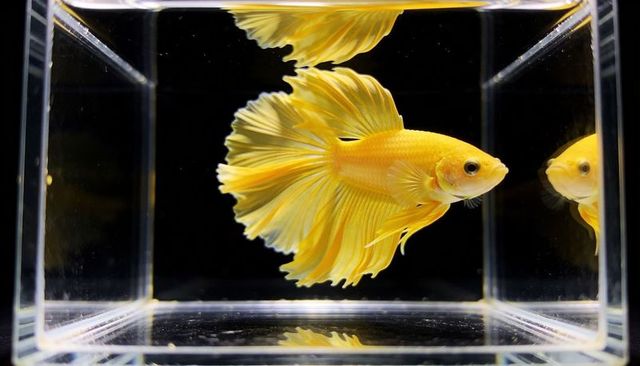 Golden betta splendens swimming with flowing fins in clear glass tank