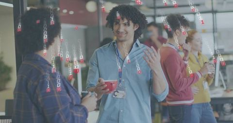 Curly-haired professional networking over coffee in tech workspace with binary overlay