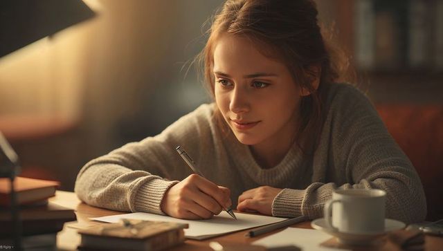 Young woman writing at cozy wooden desk in warm evening light, studying and reflecting