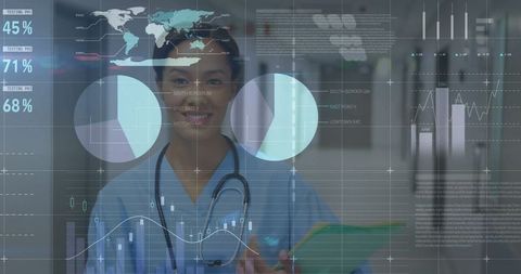 Smiling nurse engages with futuristic medical data analytics