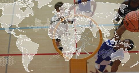 Global basketball dunk action with world map overlay and hex tech graphics