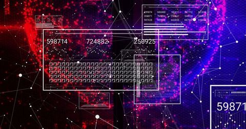 Neon cyber keyboard interface displaying hud panels and network particle data visualization