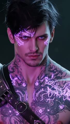 Vertical cinematic video: harnessed man displaying pulsing tattoos and glowing purple sigils