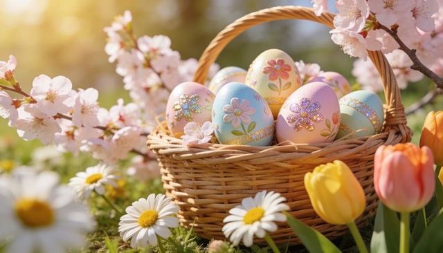 Spring easter basket overflowing with pastel decorated eggs, blooming daisies and tulips