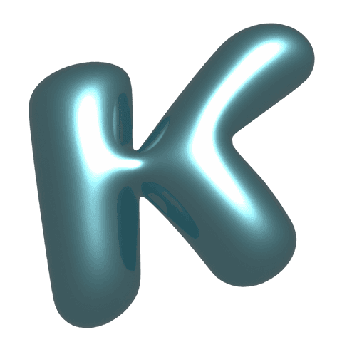Inflated metallic 3d lowercase k floating on transparent background with glossy chrome highlights