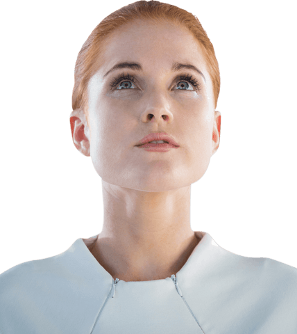 Transparent Businesswoman Looking Up With Contemplative Expression