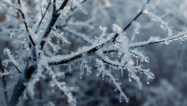 Frost-Covered Branch with Sparkling Ice Crystals in Winter Scene