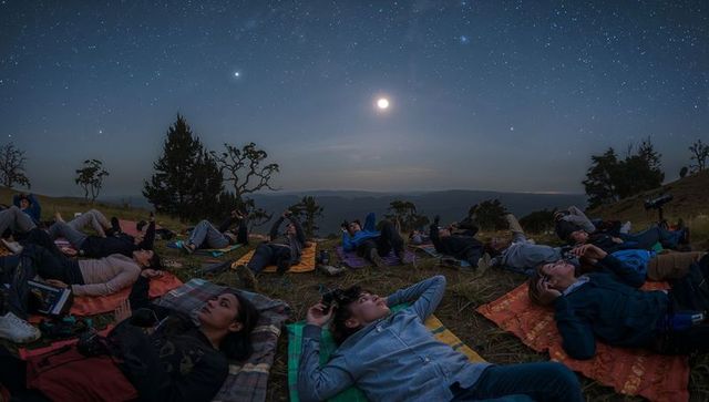 Group stargazing on hilltop blankets under star-filled sky and bright moon, night camping