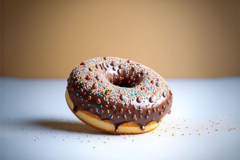 Chocolate glazed doughnut with colorful sprinkles on neutral background