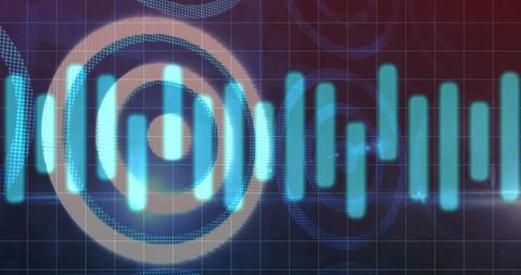 Glowing cyan waveform pulsing across dark gridded hud with concentric dotted rings