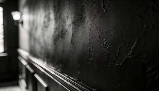 Highlighting textured plaster wall in moody monochrome corridor with wainscoting and sconce