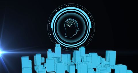 Digital Brain Hologram Above Futuristic City