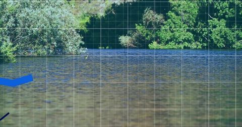 Rippling river reflecting sun glints with lush treeline and geometric grid overlay