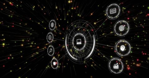 futuristic data processing with icons and light spots on black background - Download Free Stock Images Pikwizard.com