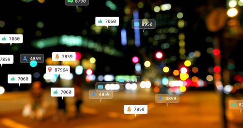 Social Media Engagement Icons Over Blurred Cityscape - Download Free Stock Images Pikwizard.com