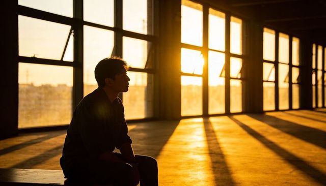 Asian man sitting in industrial loft during golden hour silhouetted by sunset
