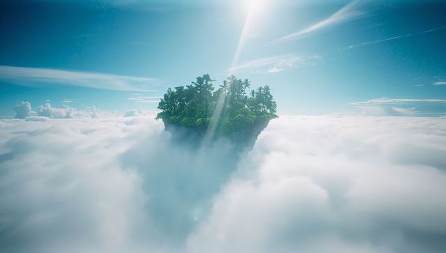 Floating Island with Palm Trees Above Clouds Illuminate by Sunlight
